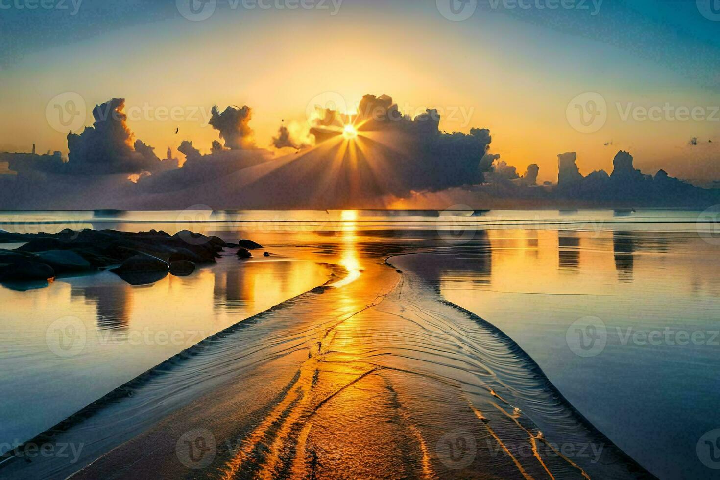 the sun rises over the ocean and the sky is reflected in the water. AI-Generated photo