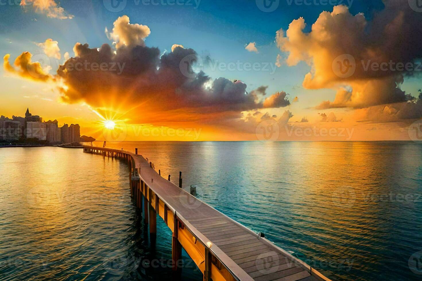 a pier over the ocean with a beautiful sunset. AI-Generated photo