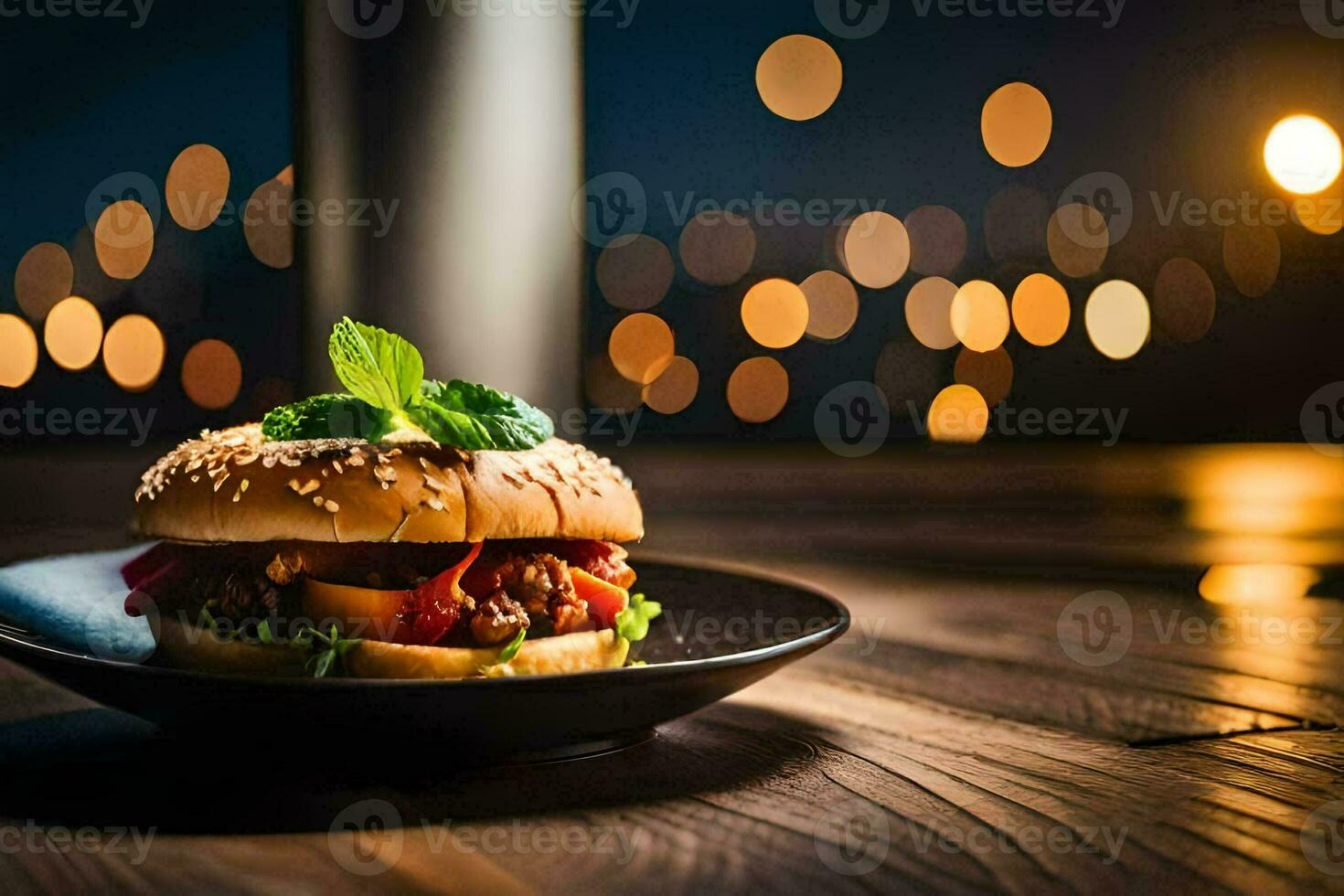a hamburger on a plate with lights in the background. AI-Generated photo