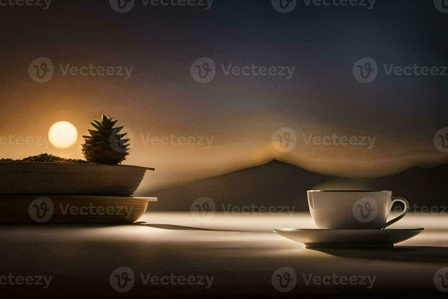 a cup of coffee and a plant on a table. AI-Generated photo