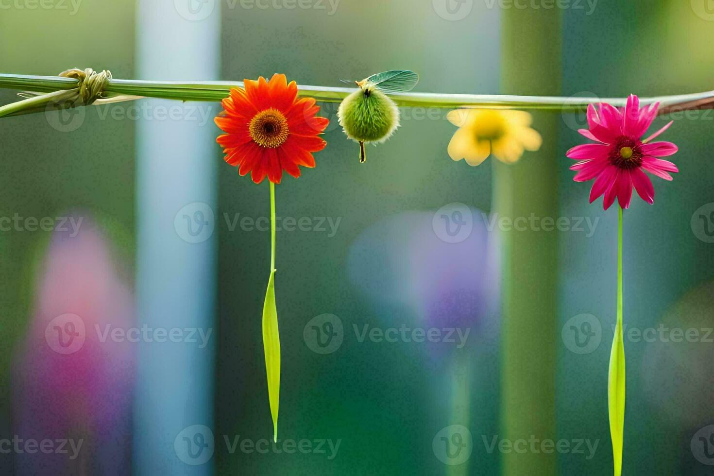 colorful flowers hanging from a vine. AI-Generated photo