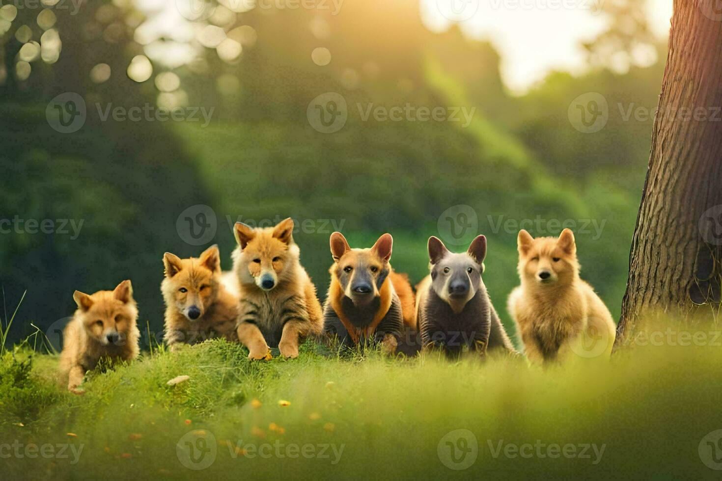 un grupo de perros en pie en el césped. generado por ai foto