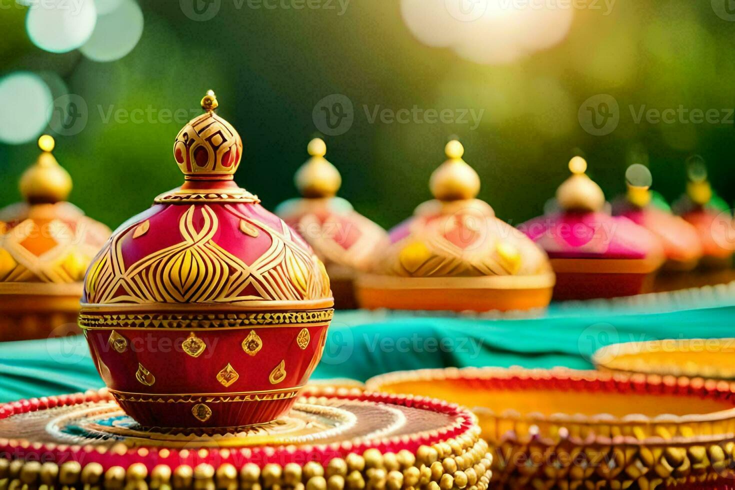 many colorful diyas are sitting on a table. AI-Generated photo