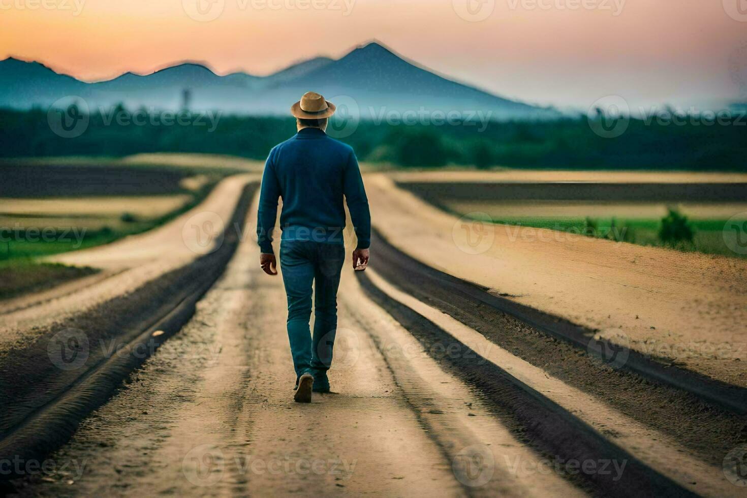 hombre caminando en un la carretera a puesta de sol. generado por ai foto