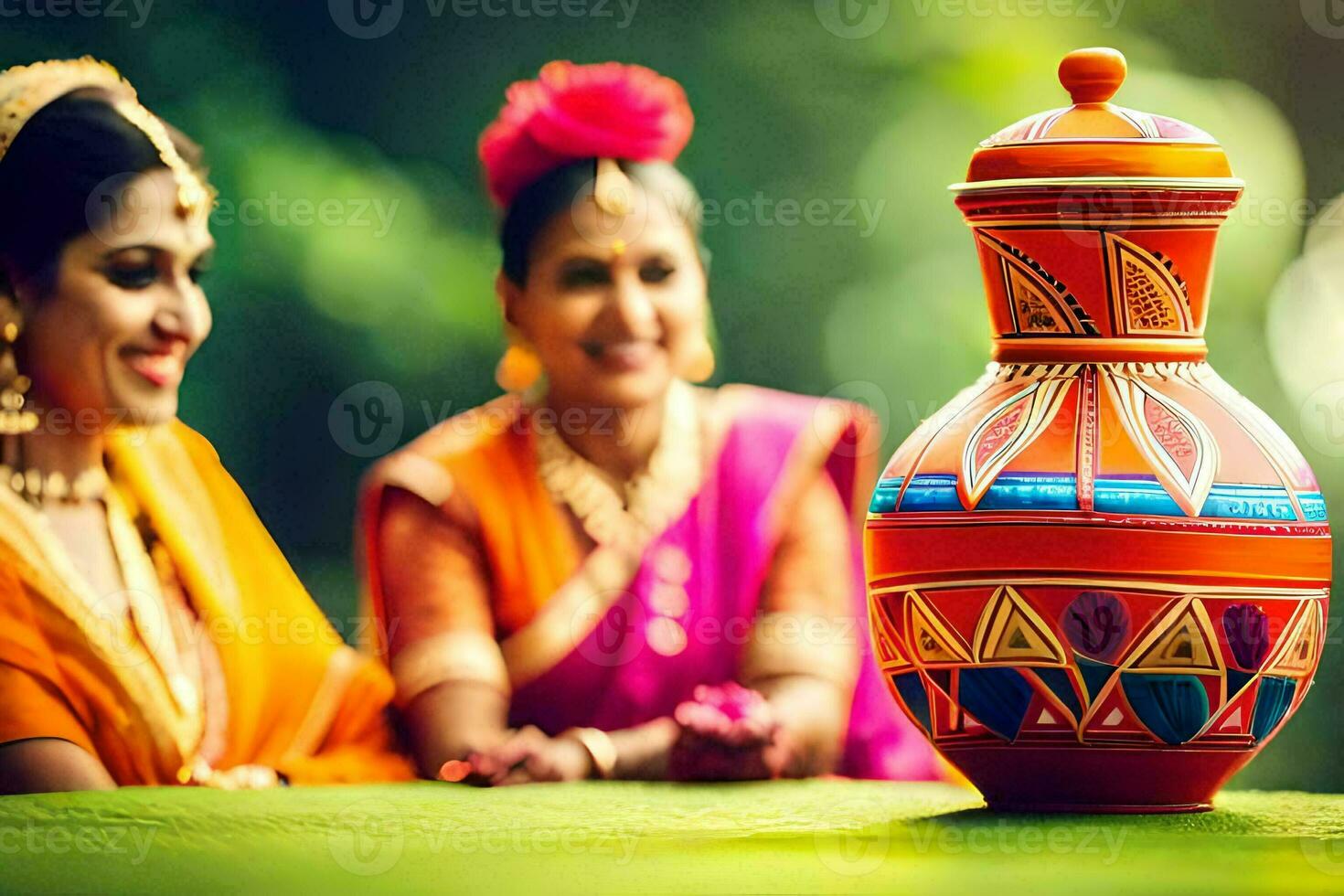 dos mujer en saris sentado siguiente a un maceta. generado por ai foto