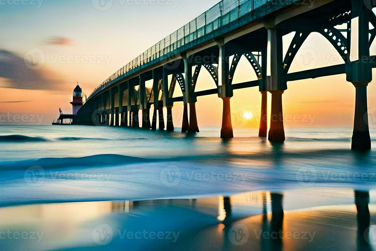 a long pier with a lighthouse at sunset. AI-Generated photo