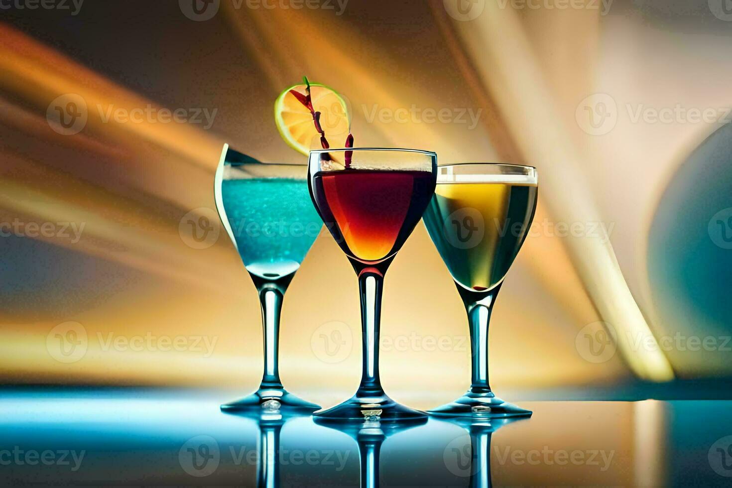 three glasses of different colored drinks on a table. AI-Generated photo