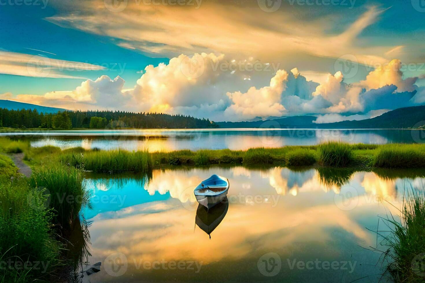 un barco es sentado en el apuntalar de un lago. generado por ai foto