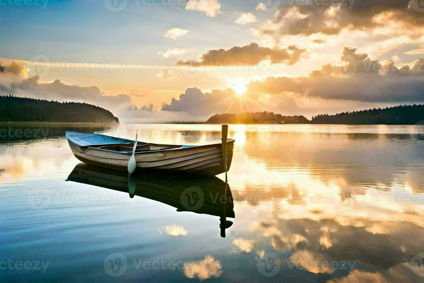 a boat is floating on the calm water at sunset. AI-Generated photo