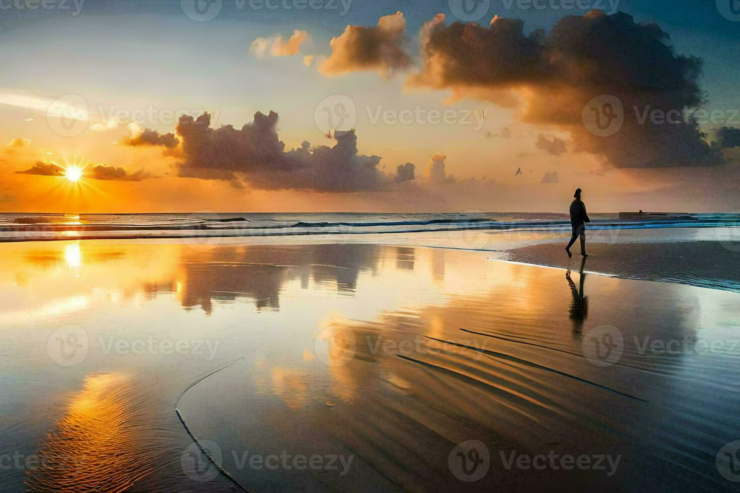 a man walks on the beach at sunset. AI-Generated photo