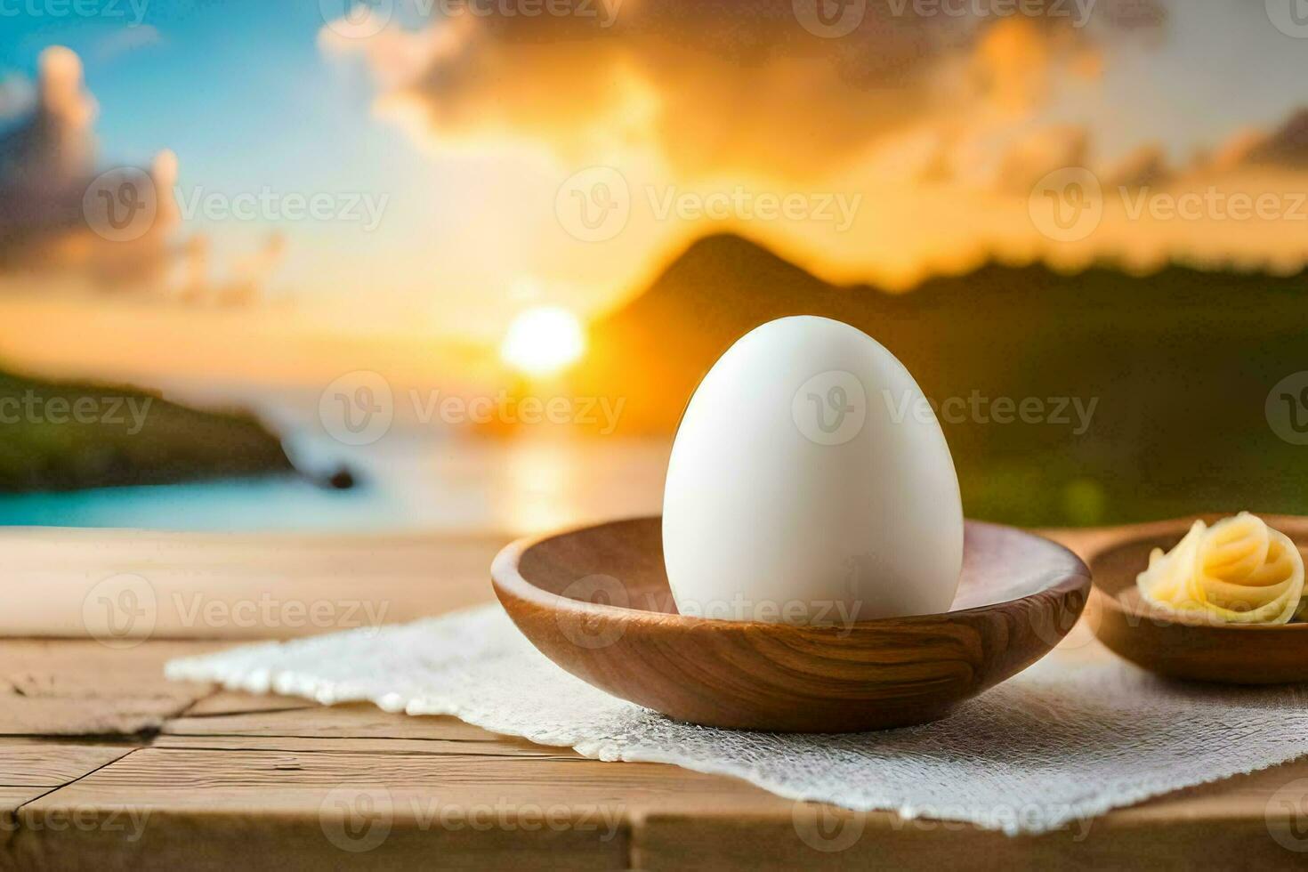 egg in a bowl on a wooden table with a sunset in the background. AI-Generated photo