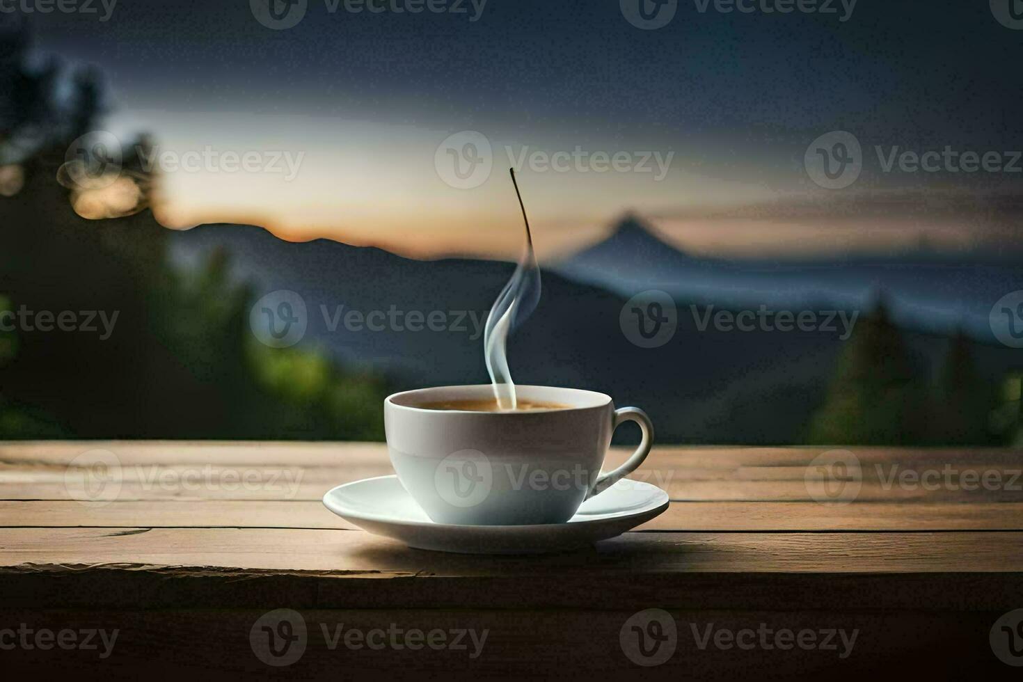 a cup of coffee on a wooden table with a mountain in the background. AI-Generated photo