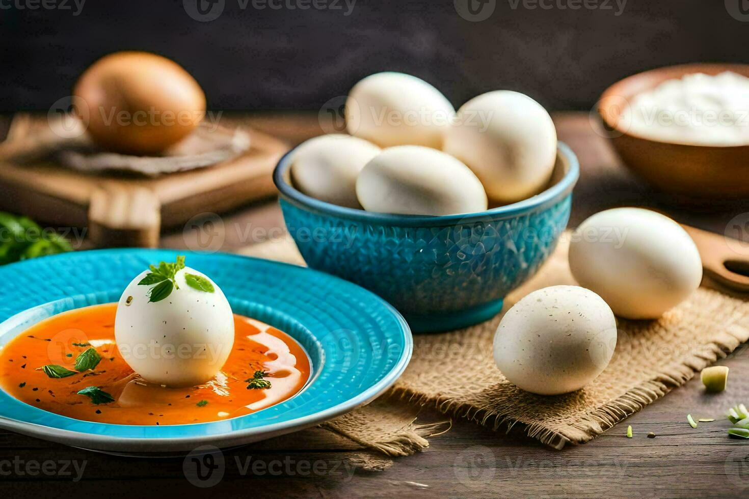eggs in a bowl with tomato sauce on a wooden table. AI-Generated photo