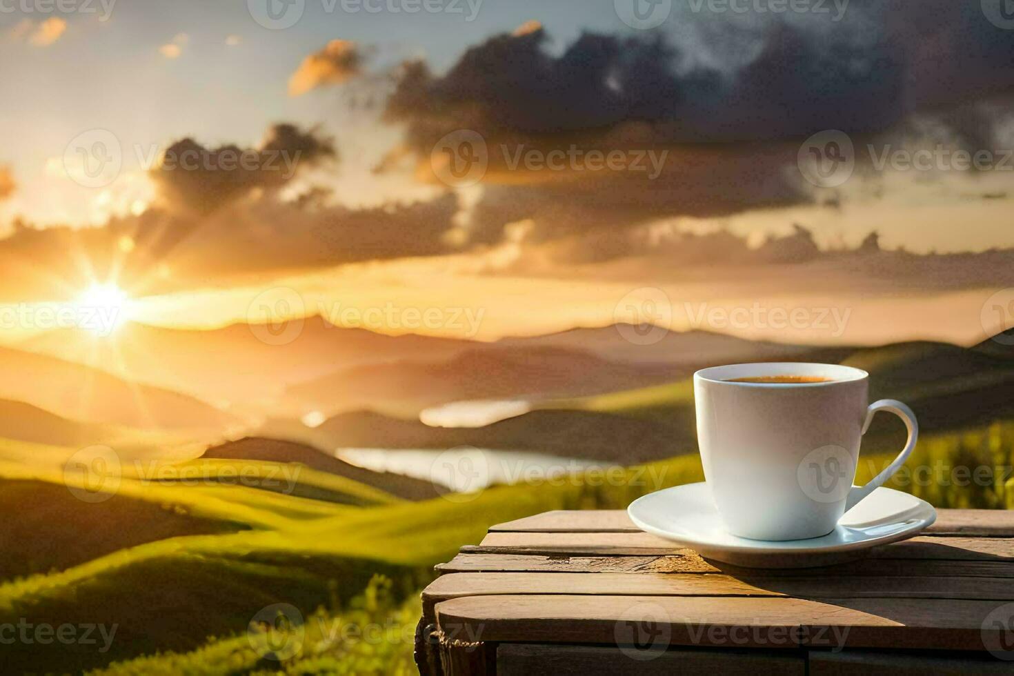 a cup of coffee on a wooden table in front of a beautiful sunset. AI-Generated photo