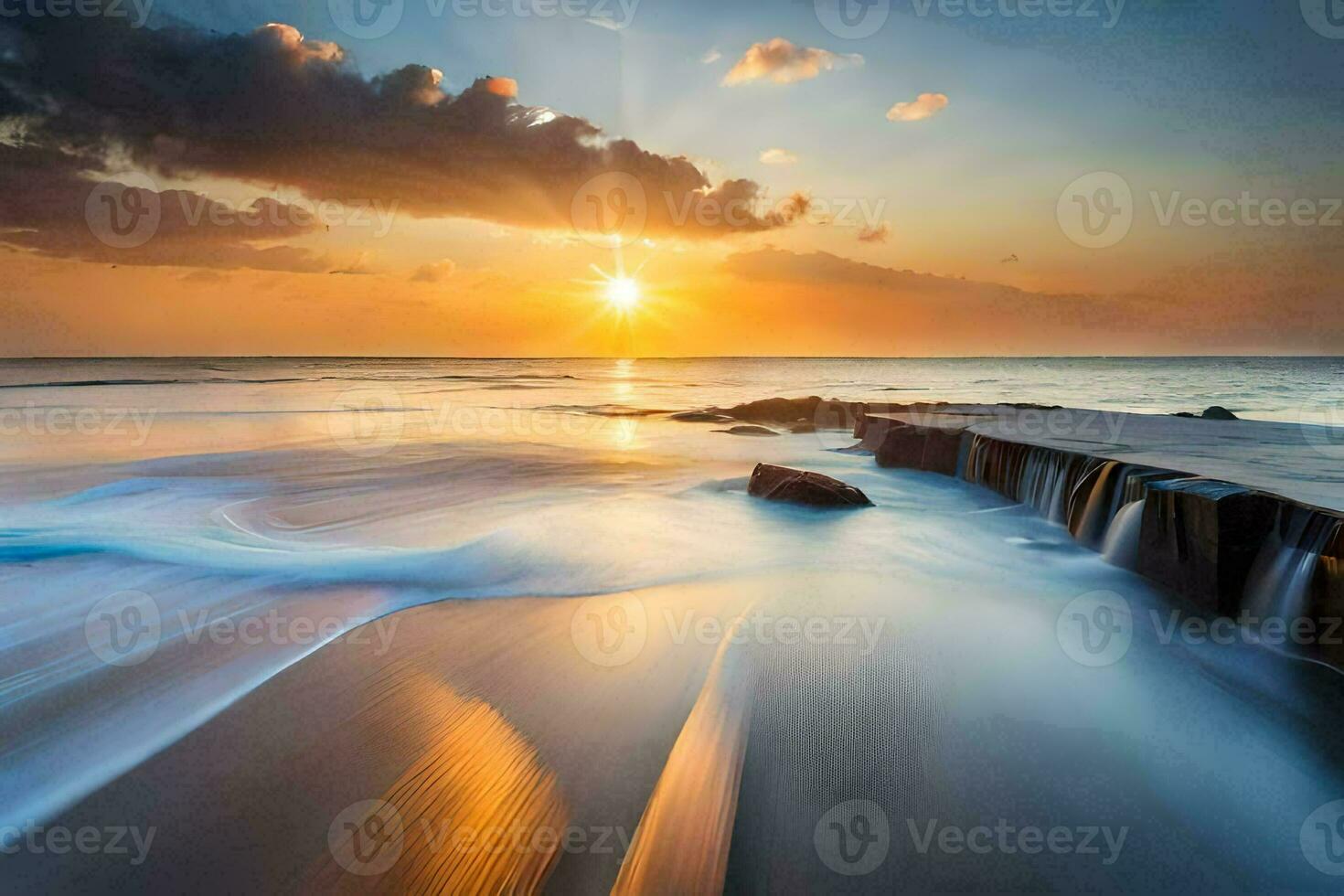 the sun rises over the ocean and waves. AI-Generated photo