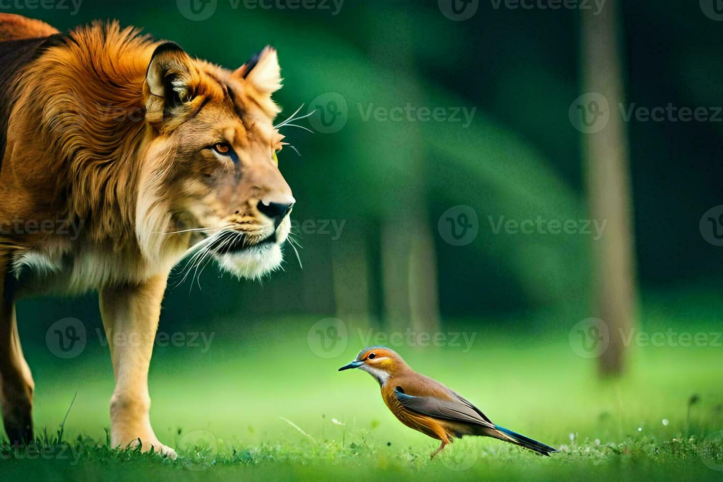 the bird is looking at the lion. AI-Generated photo