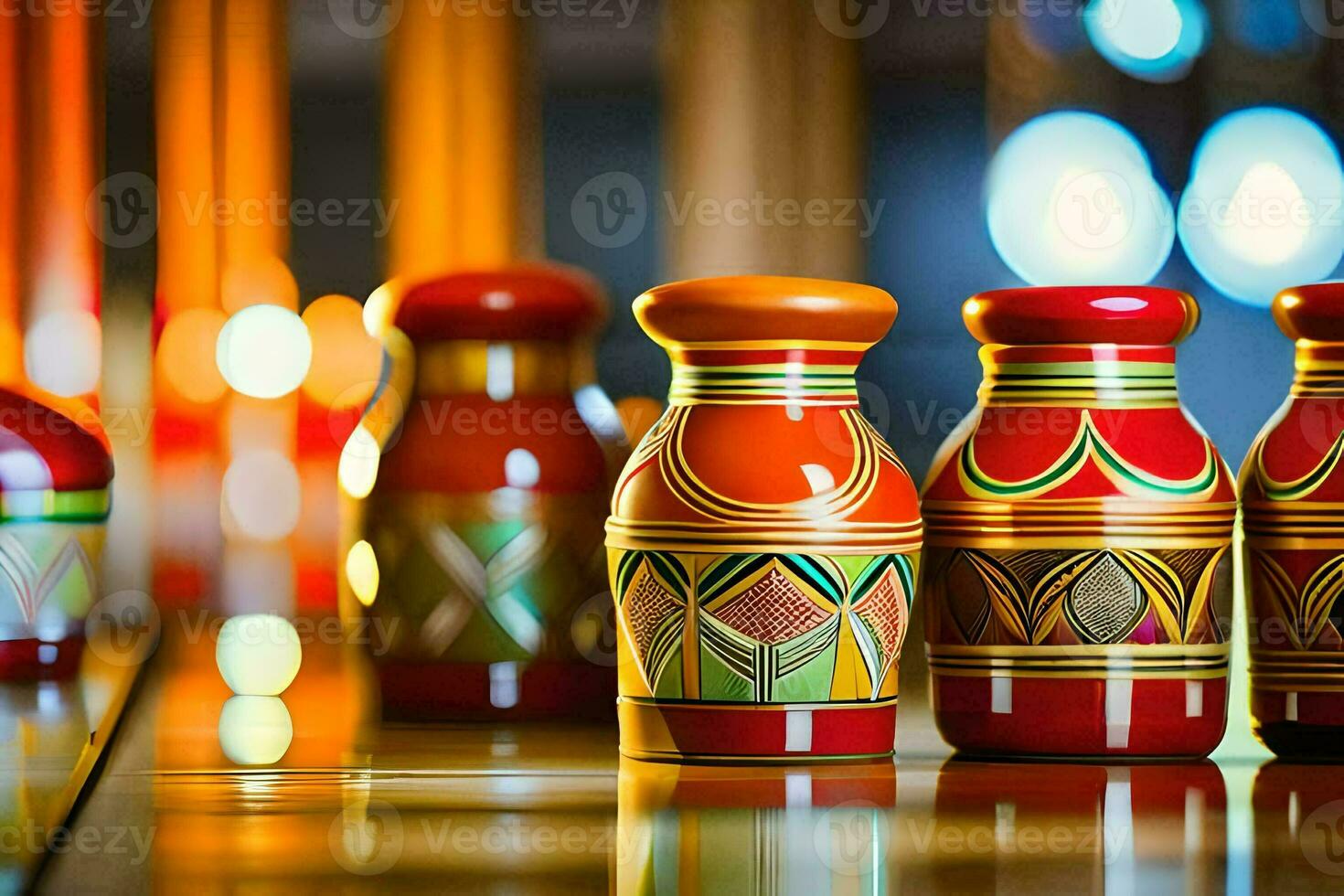 a row of colorful wooden vases on a table. AI-Generated photo