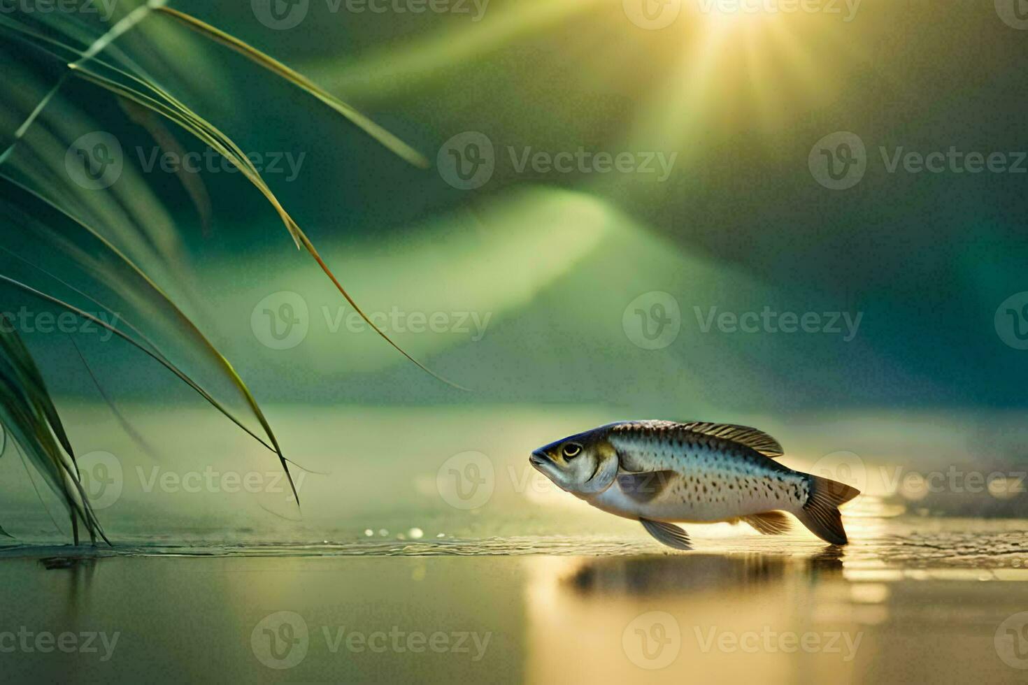 un pescado es en pie en el agua con el Dom brillante. generado por ai foto