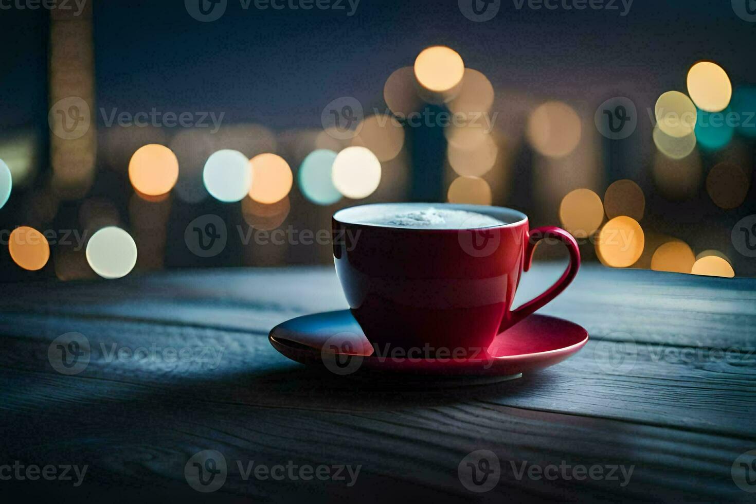 a cup of coffee on a wooden table in front of a cityscape. AI-Generated photo