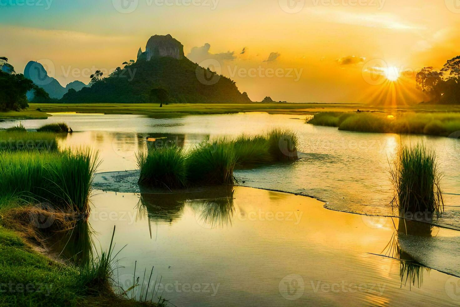 the sun sets over a river and grassy field. AI-Generated photo