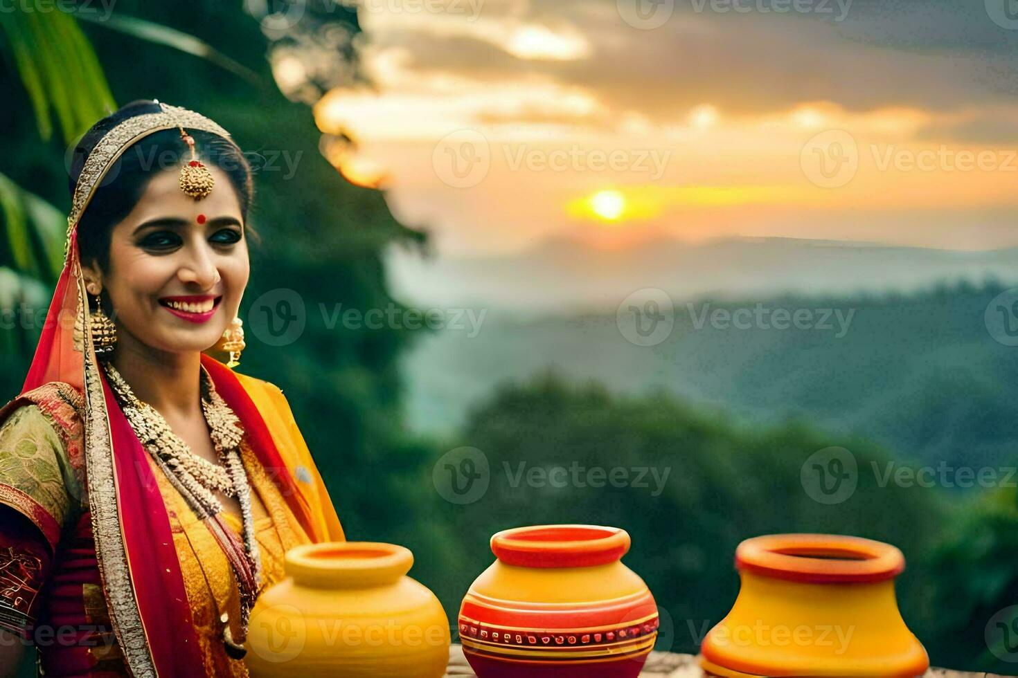 a woman in traditional indian attire poses with two pots. AI-Generated photo