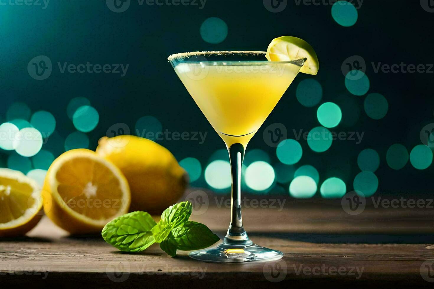 a cocktail with lemon and mint on a wooden table. AI-Generated photo