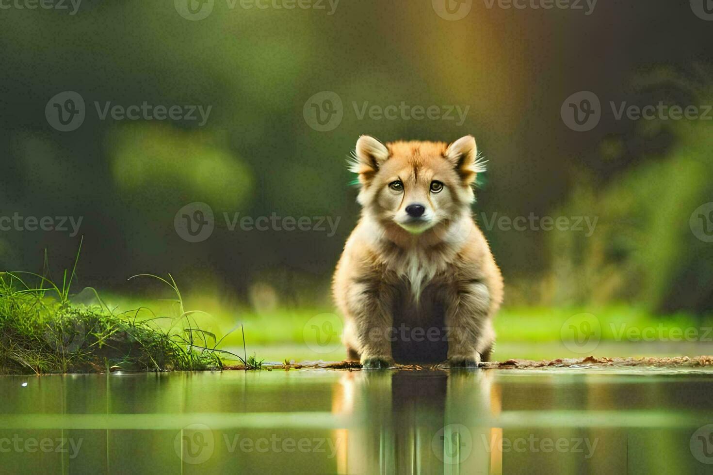 a puppy sitting on the edge of a pond. AI-Generated photo