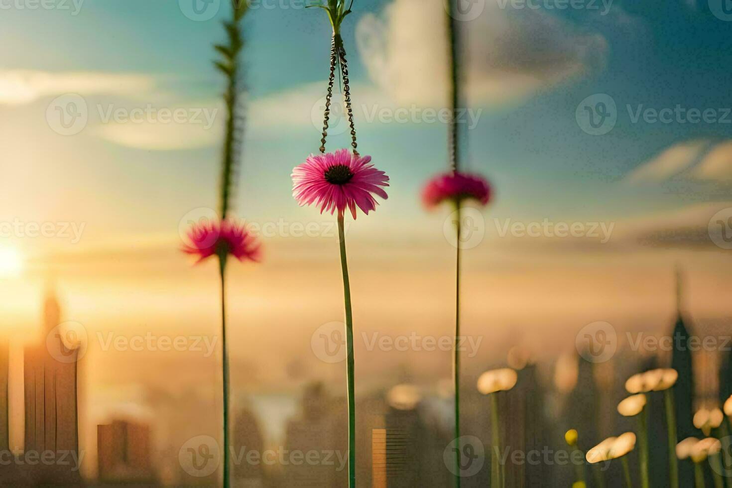 pink flowers hanging from a chain in front of a city skyline. AI-Generated photo