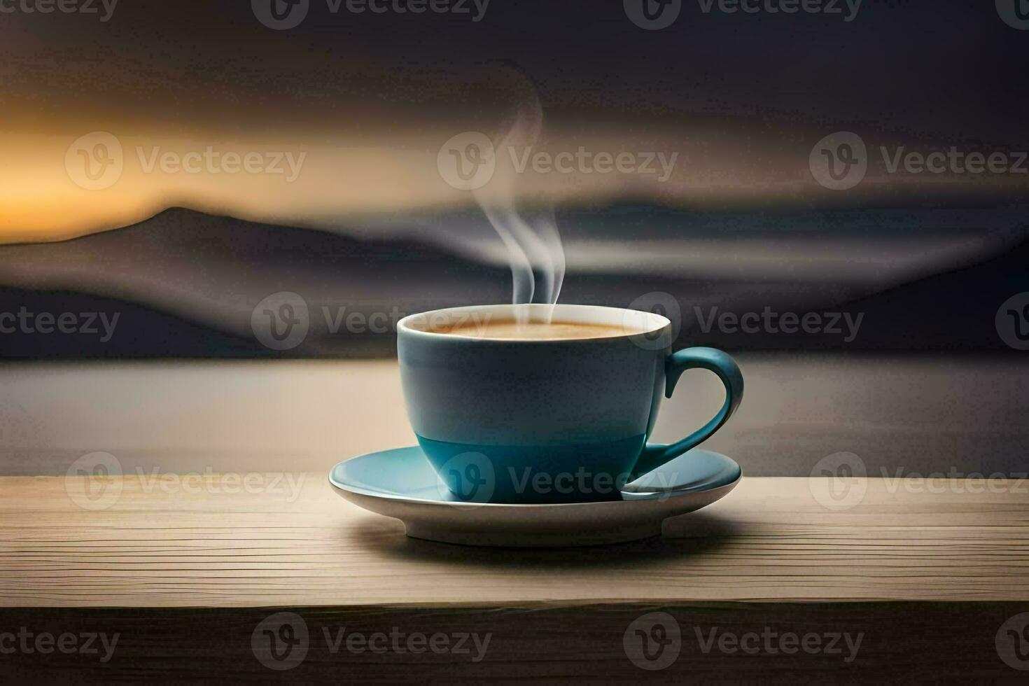 a cup of coffee on a table with mountains in the background. AI-Generated photo
