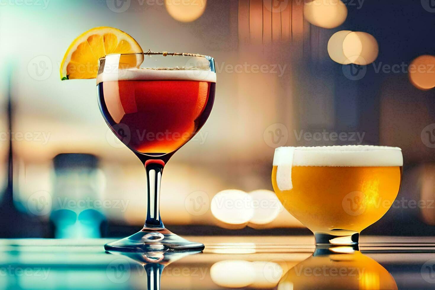 two glasses of beer and a glass of wine. AI-Generated photo