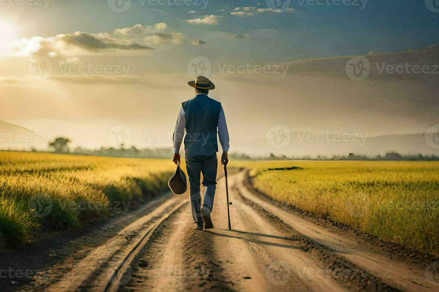 un hombre caminando abajo un suciedad la carretera con un sombrero y un  pala. generado por ai 30894984 Foto de stock en Vecteezy