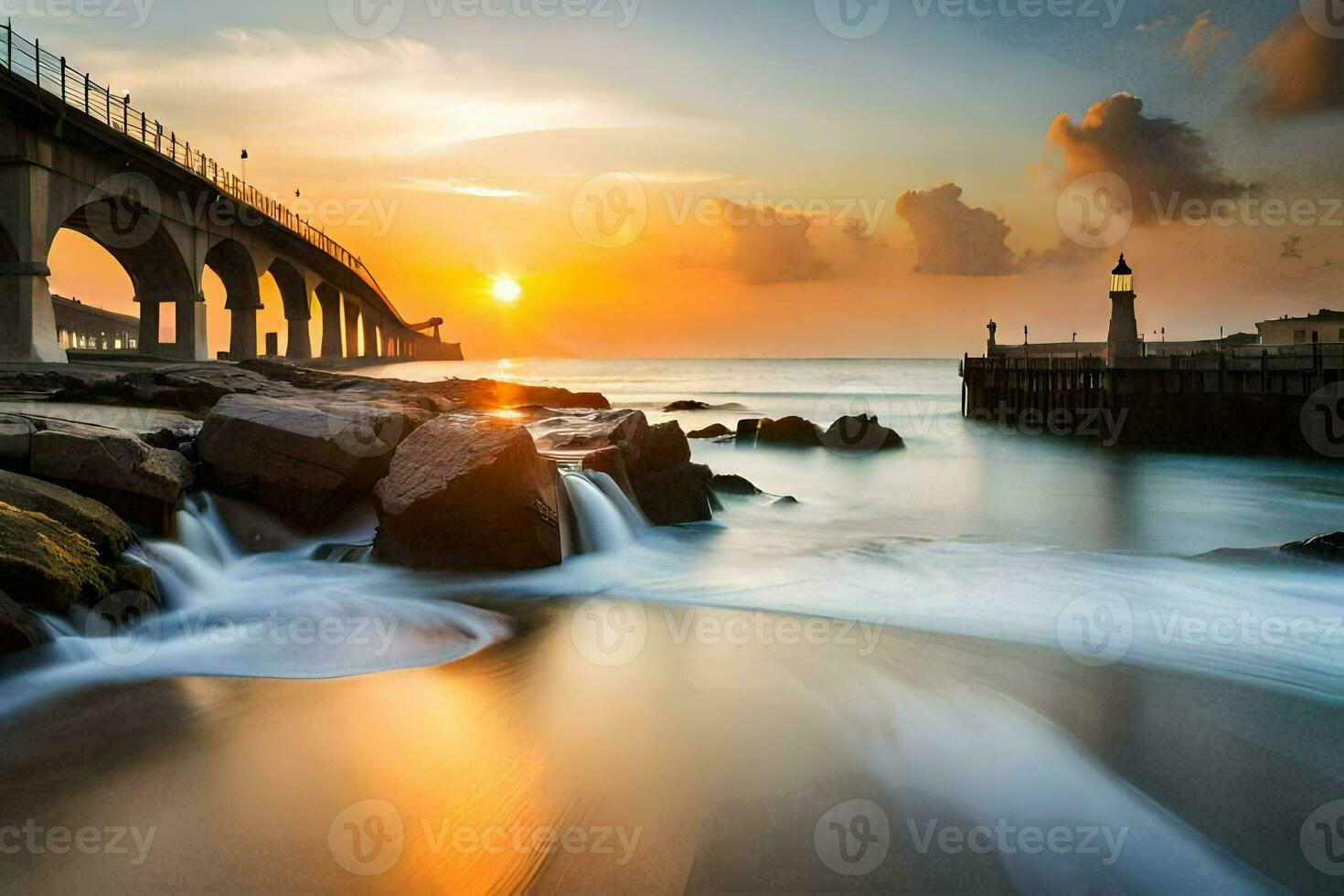 a bridge over the ocean at sunset. AI-Generated photo