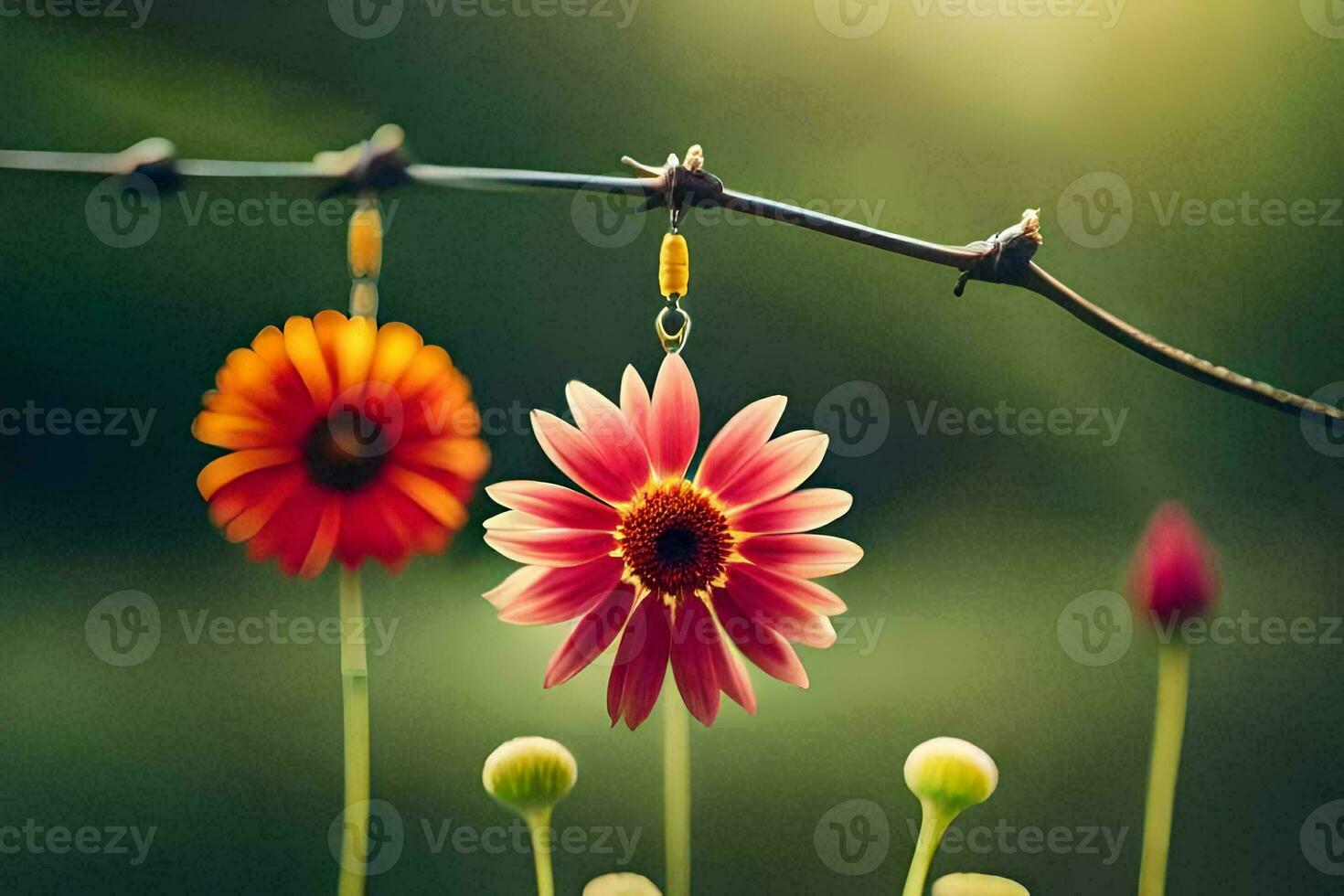 flowers hanging from a wire. AI-Generated photo