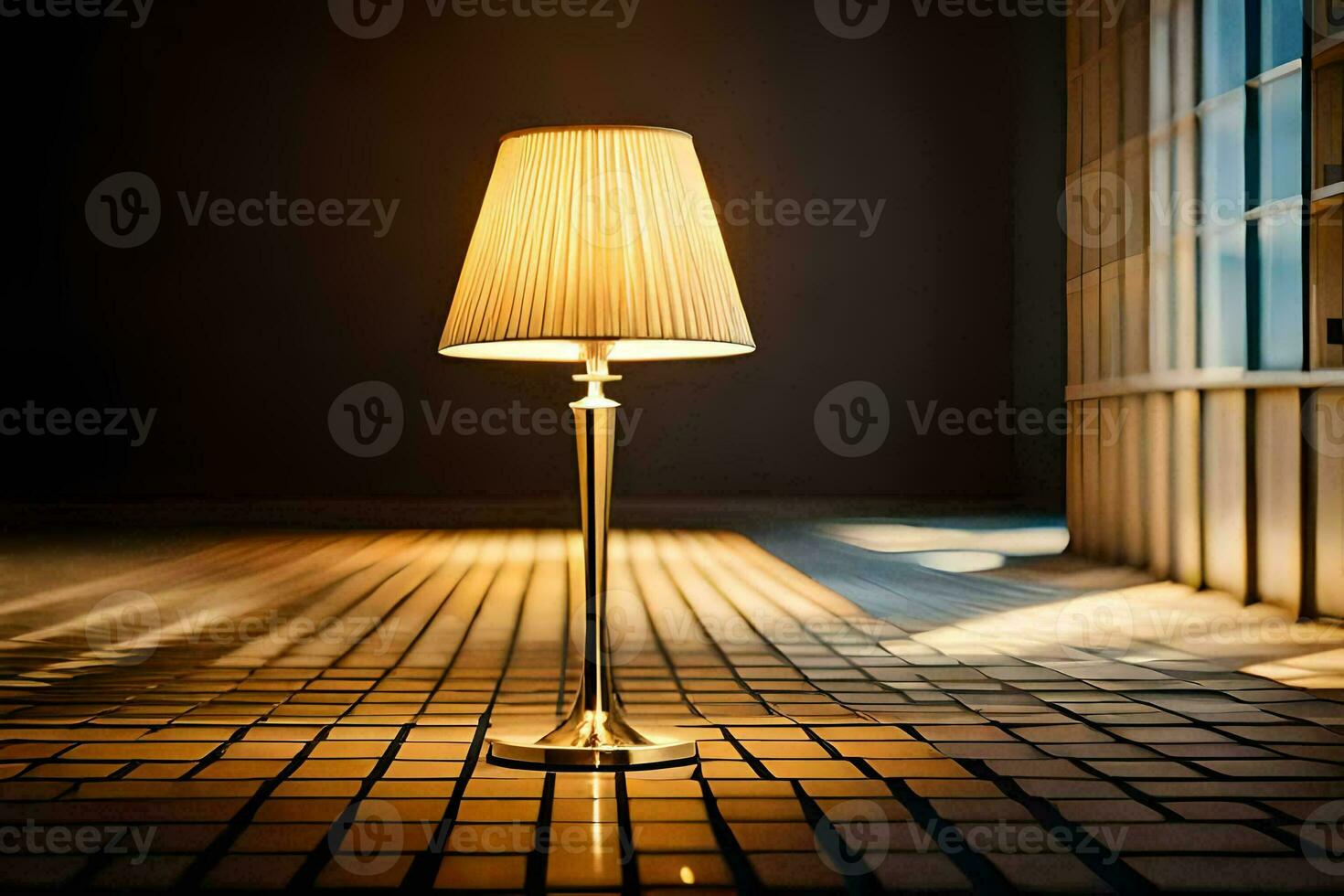 un lámpara en un ladrillo piso en frente de un ventana. generado por ai foto