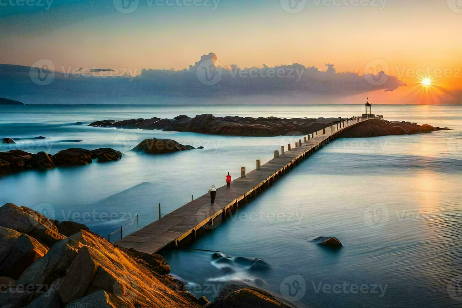 the sun rises over a pier in the ocean. AI-Generated photo