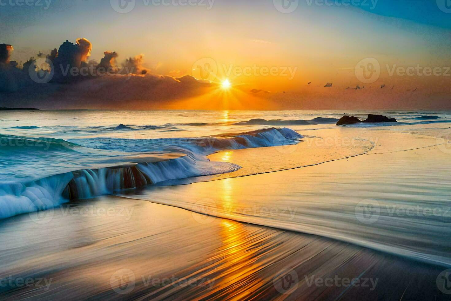 the sun rises over the ocean and waves on a beach. AI-Generated photo