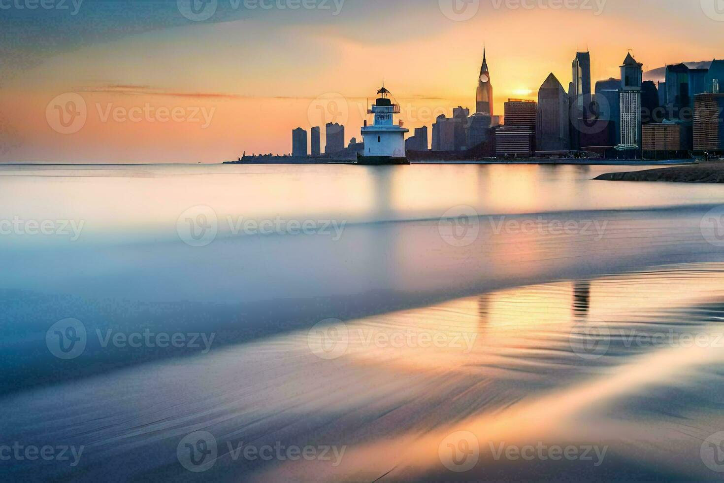 the chicago skyline is seen in the distance at sunset. AI-Generated photo