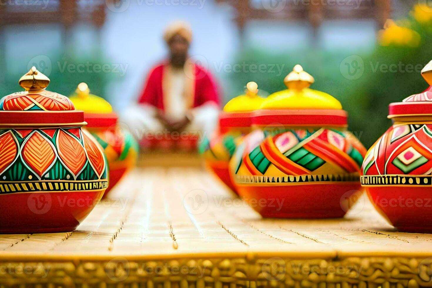 a man in a red robe sits in front of colorful pots. AI-Generated photo