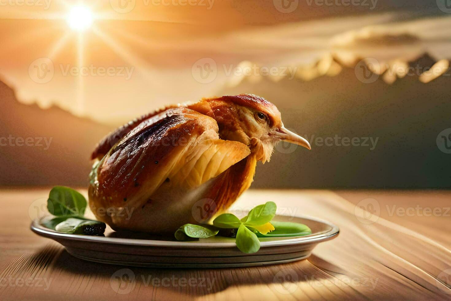 a chicken is sitting on a plate with a mountain in the background. AI-Generated photo