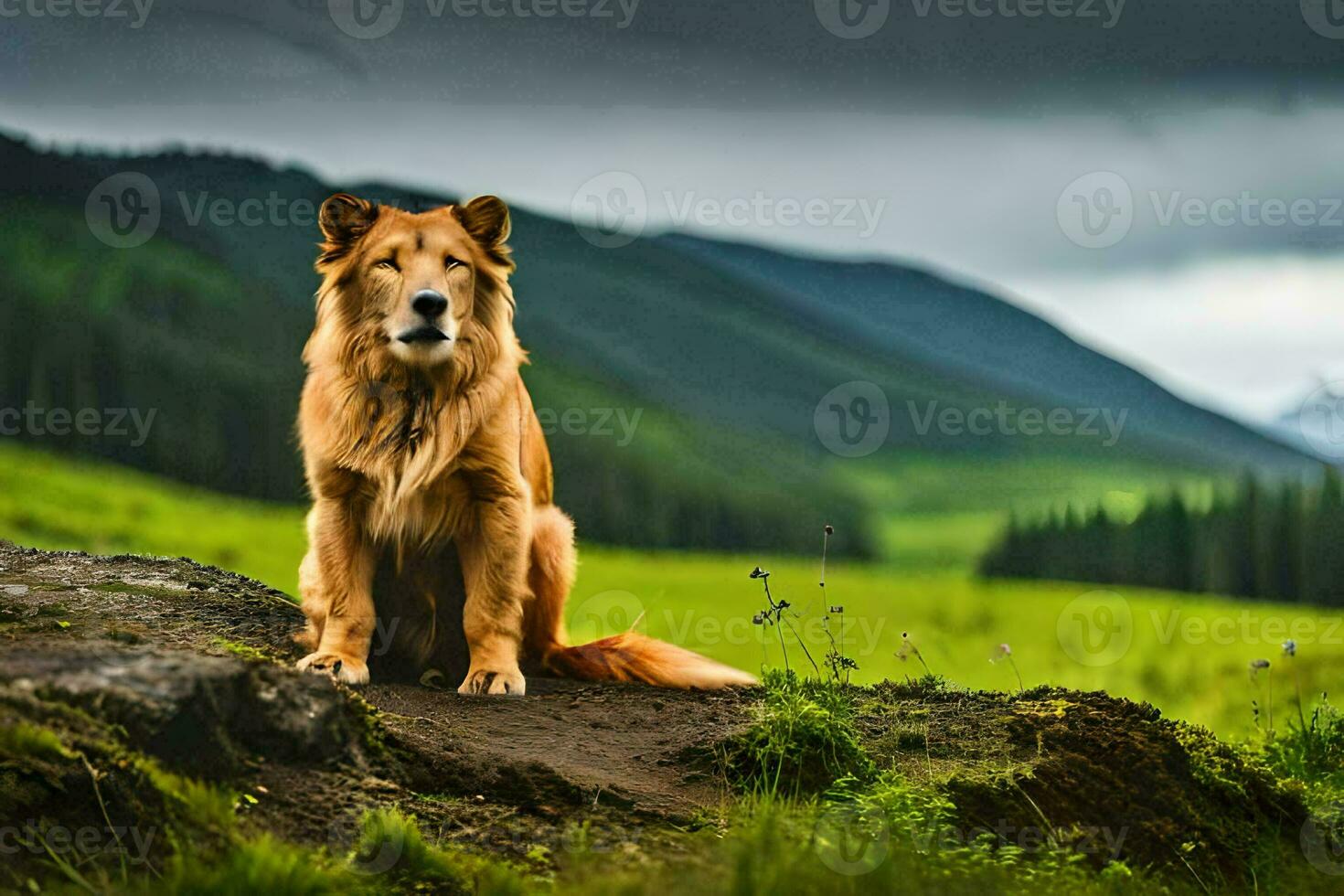 photo wallpaper the sky, mountains, dog, landscape, the mountains, the sky, the mountains. AI-Generated