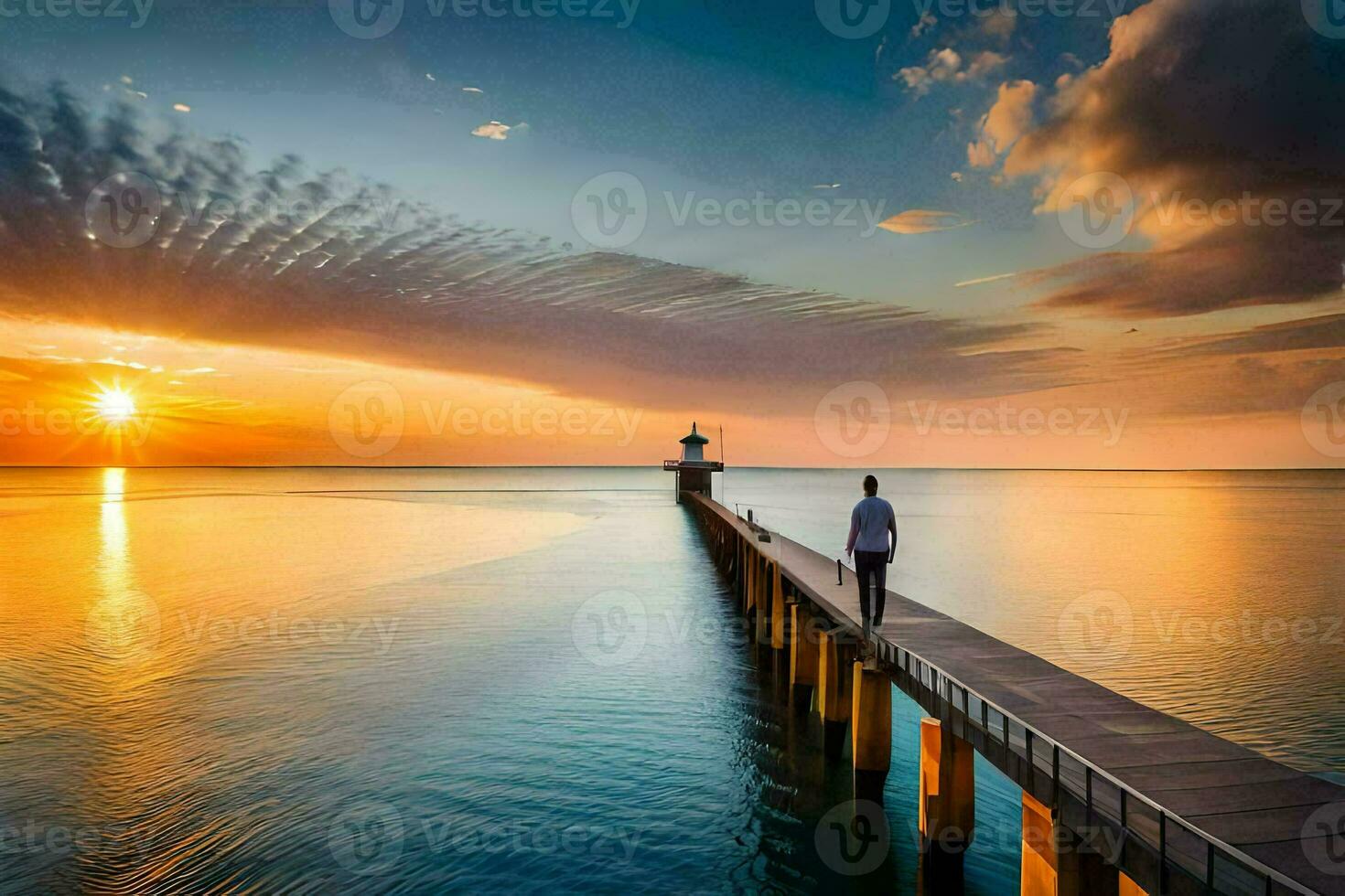 a man stands on a pier at sunset. AI-Generated photo