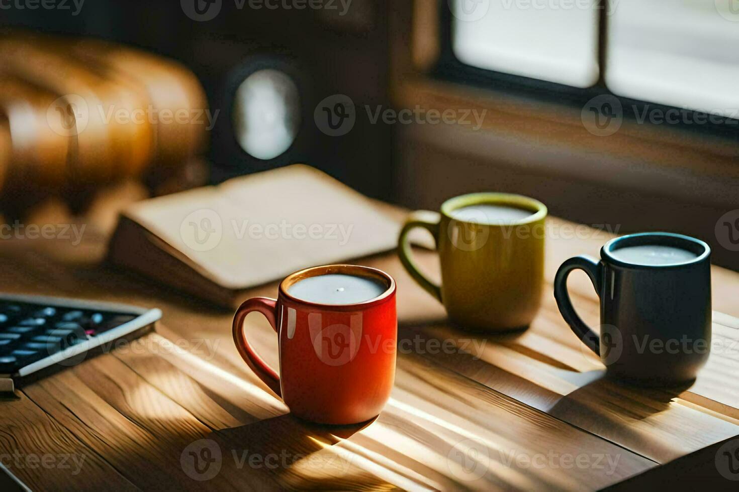 three coffee cups sit on a table next to a laptop. AI-Generated photo