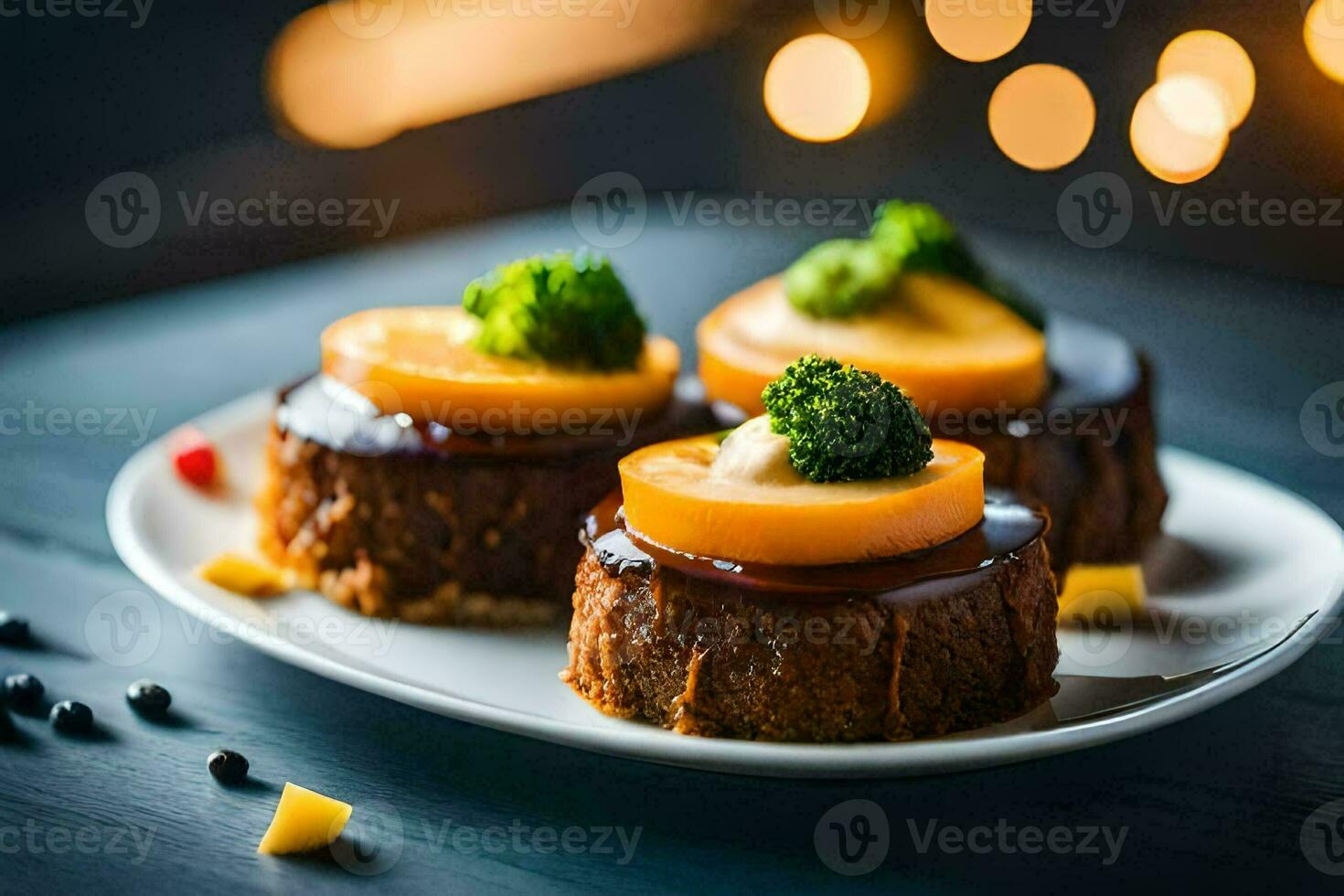 three small cakes with broccoli and fruit on a plate. AI-Generated photo