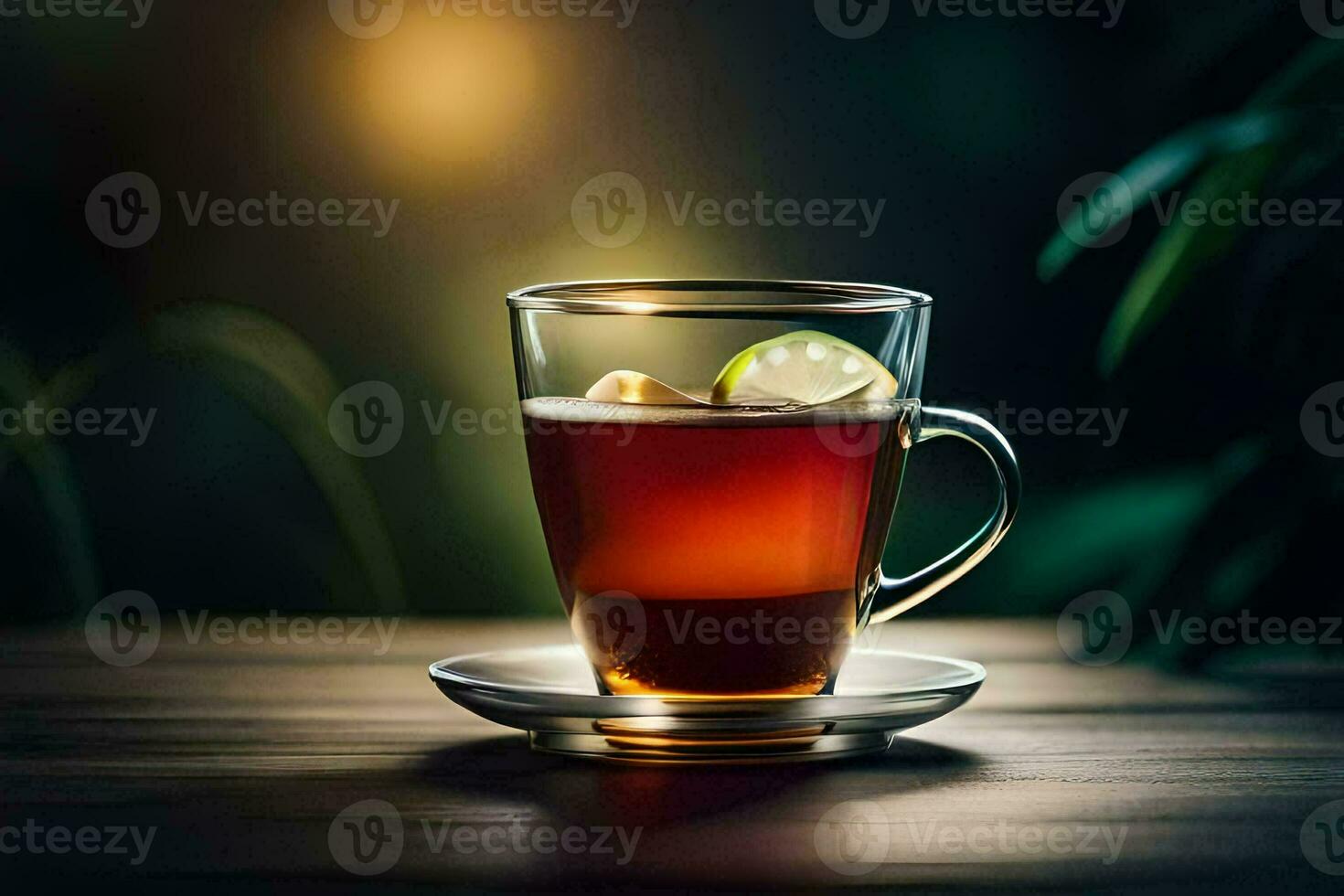 a glass of tea with lime on a wooden table. AI-Generated photo