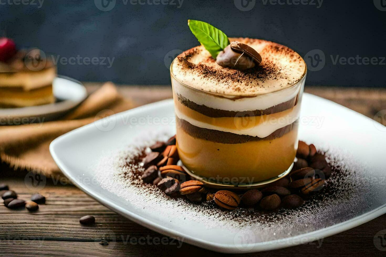 a dessert with coffee and chocolate on a white plate. AI-Generated photo