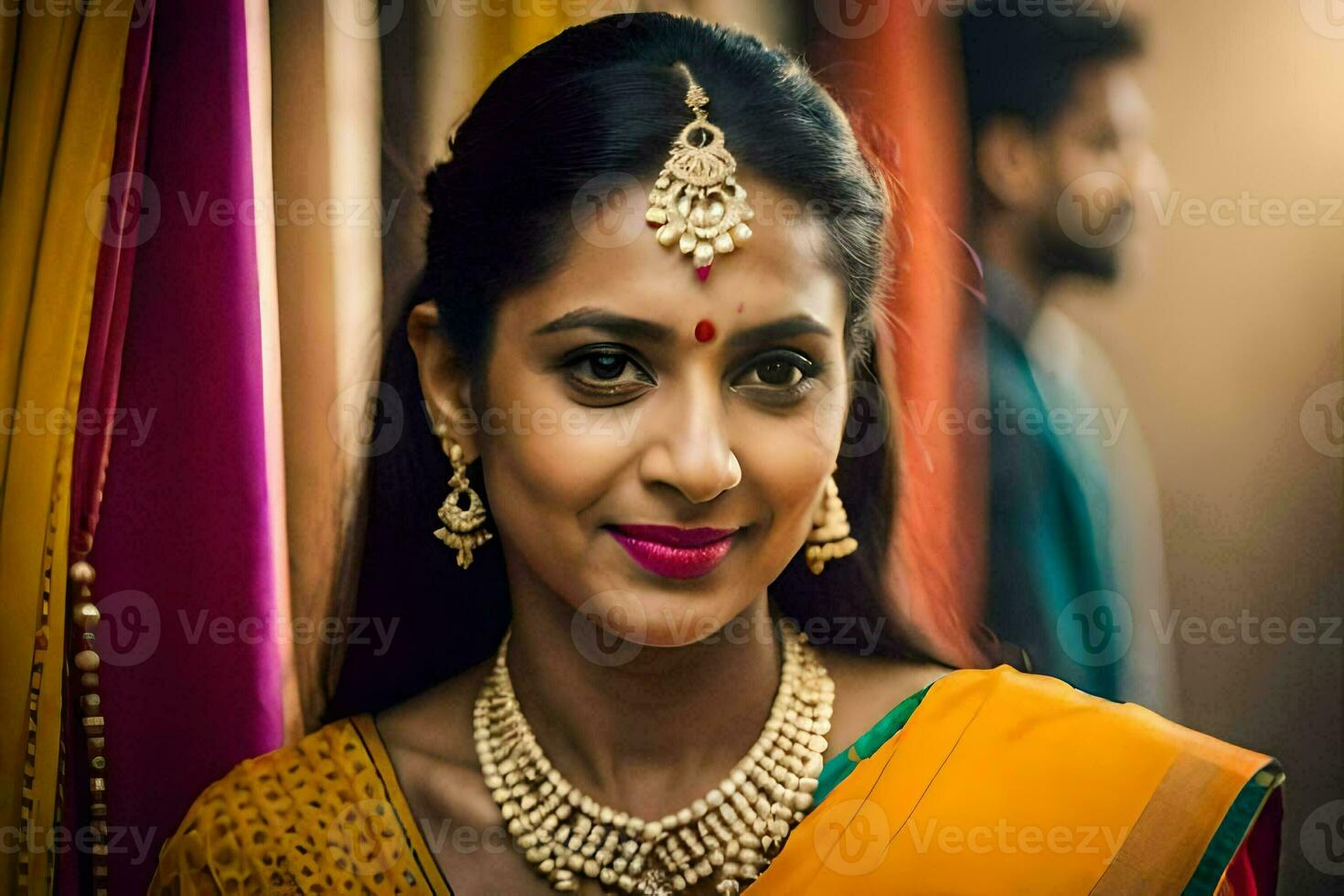a beautiful woman in a sari with gold jewelry. AI-Generated photo