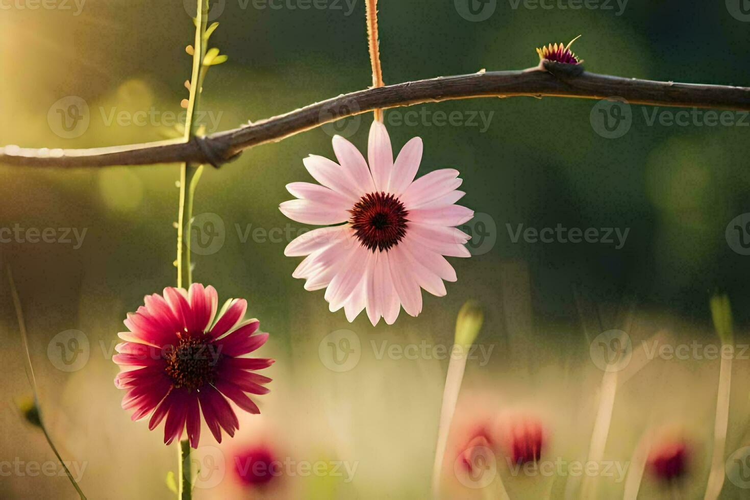 two pink flowers hanging from a branch in a field. AI-Generated photo