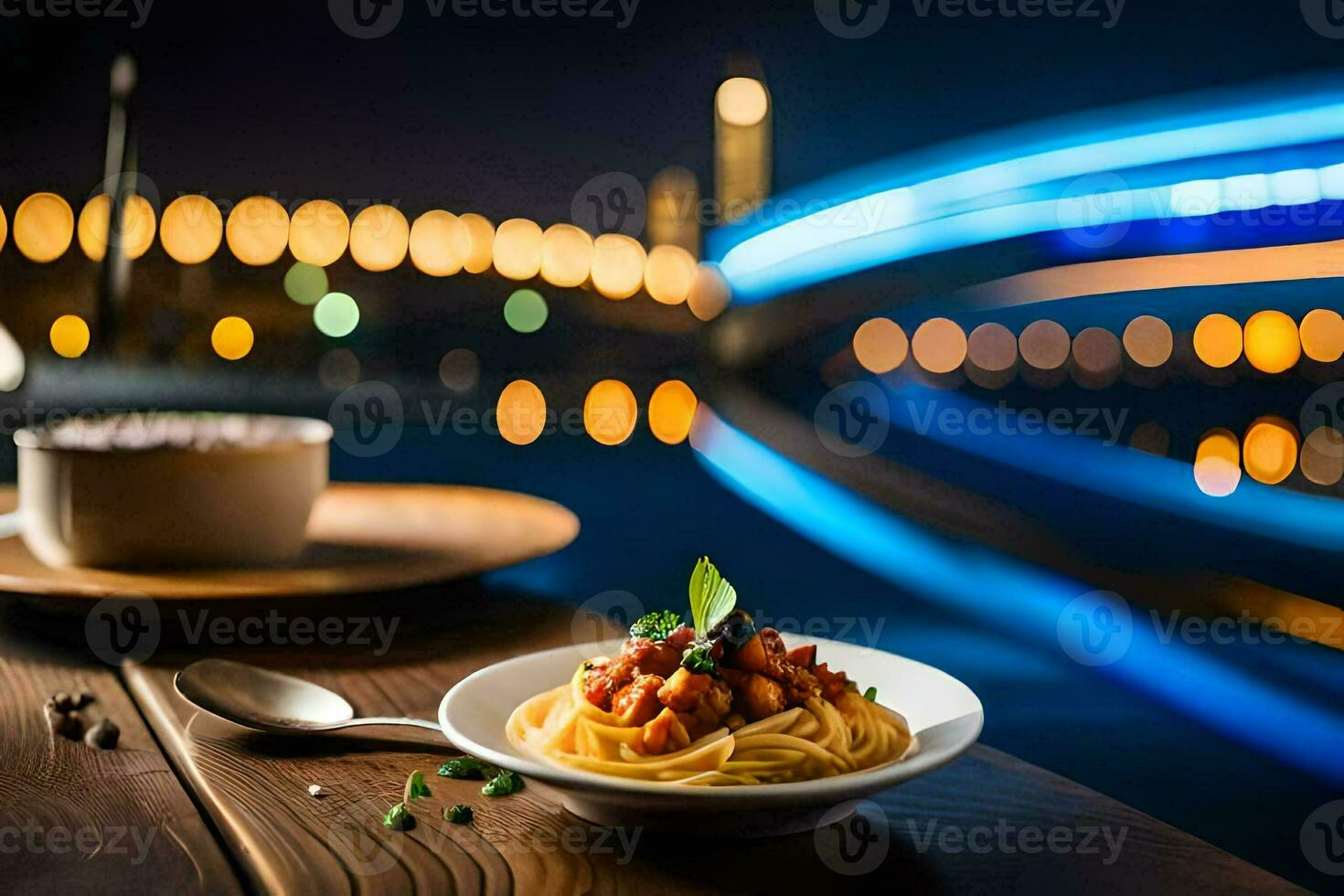 espaguetis y café en el mesa. generado por ai foto