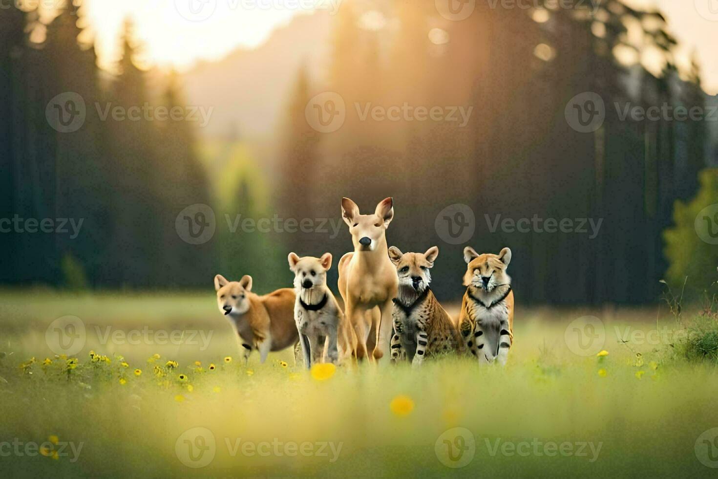 a group of deer standing in a field. AI-Generated photo