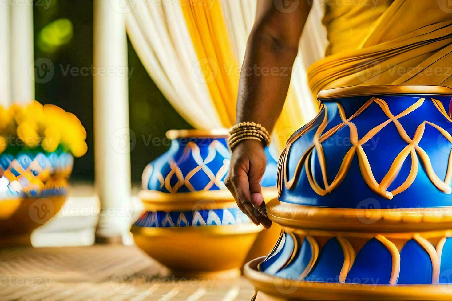 a woman in a yellow sari is holding a blue pot. AI-Generated photo